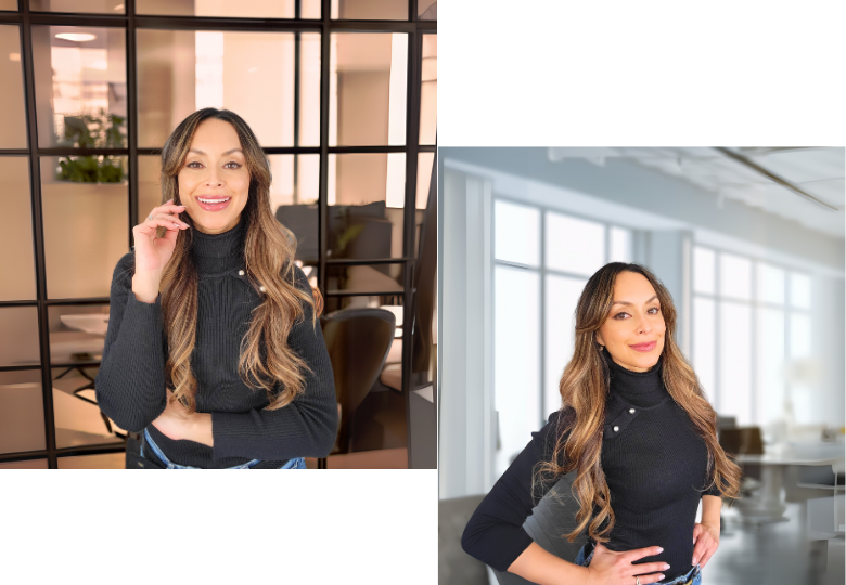 two pictures of the same woman standing at an office and smiling to the camera.